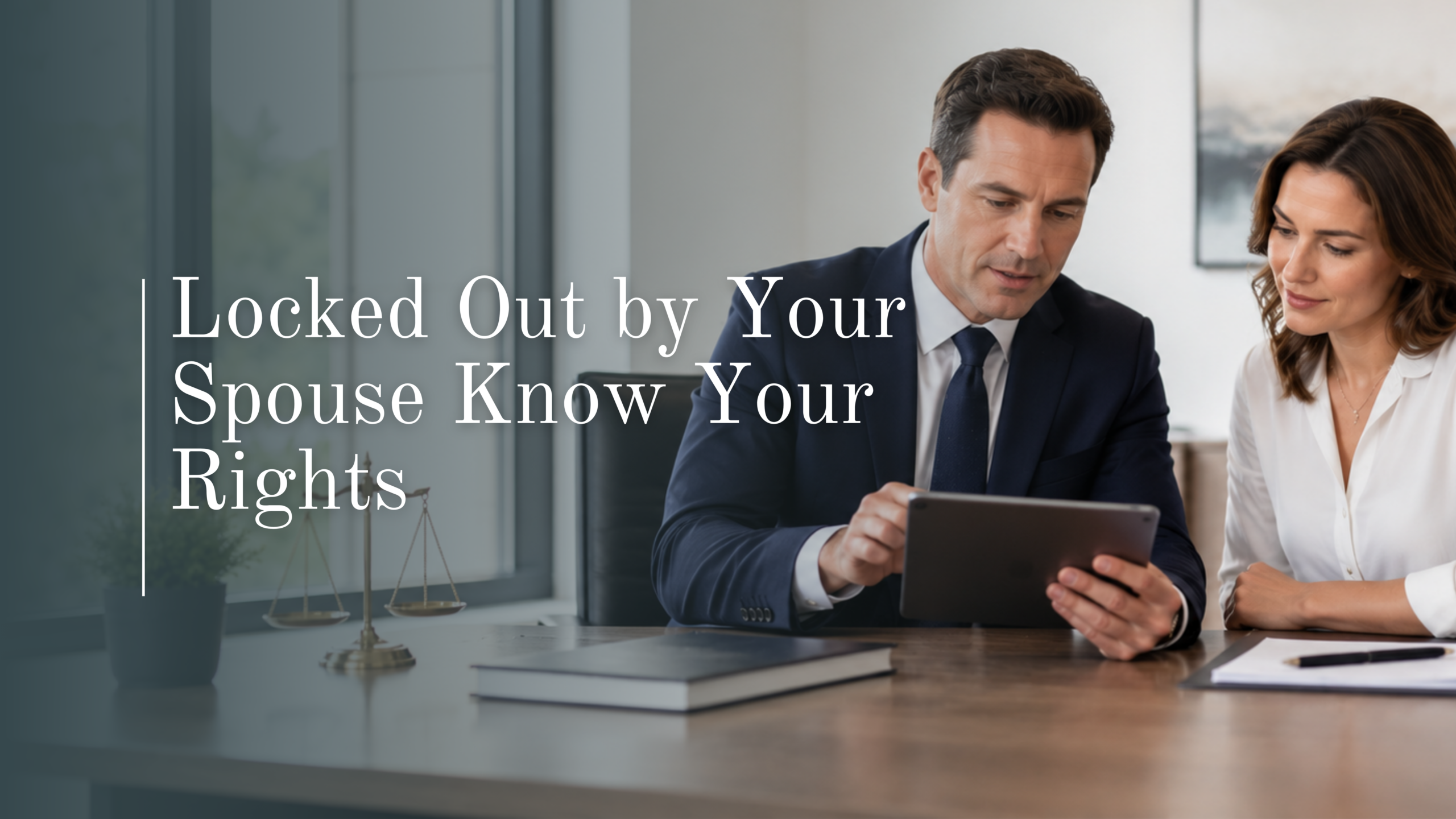 A male attorney consults with a female client in a sunlit legal office to address can my spouse change the locks on jointly owned property during a separation
