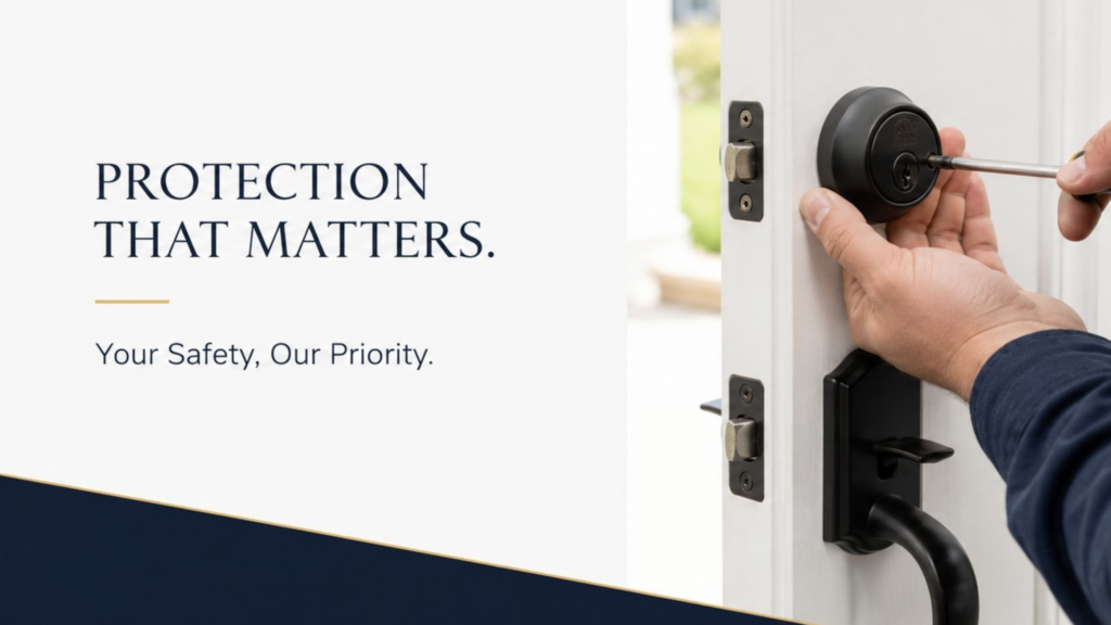 A close-up of a locksmith installing a new deadbolt lock on a white front door illustrating the physical act of whether can my spouse change the locks on jointly owned property
