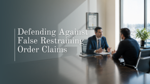 A male defense attorney in a navy suit consulting with a male client across a large wooden desk featuring the overlay title Defending Against False Restraining Order Claims