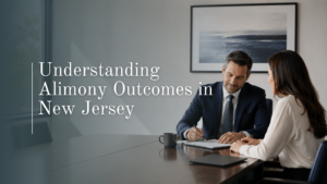 A professional male family law attorney reviewing financial support options with a female client at a conference table, featuring the text overlay Understanding Alimony Outcomes in New Jersey.