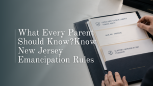 An attorney reviewing legal documents including college enrollment verification and age notices to determine the legal child support emancipation age in New Jersey.