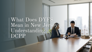 An attorney presenting legal documents across a conference table to a client during a consultation about what DYFS means in New Jersey.