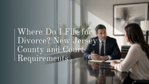 A male family law attorney explaining jurisdictional court rules to a client in an office, addressing where do i file a divorce.