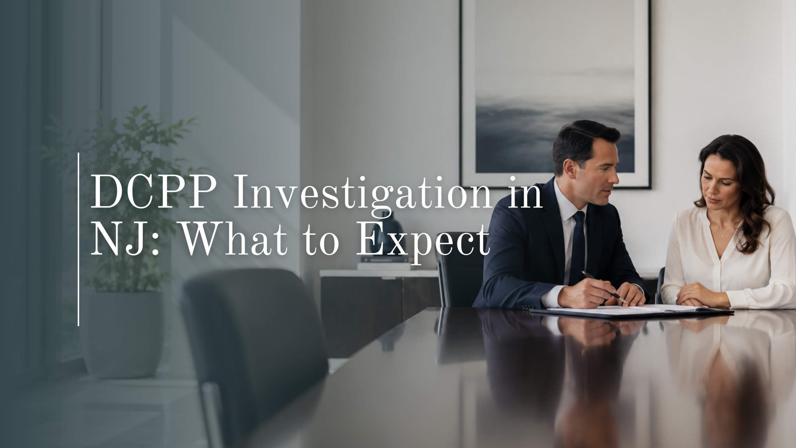 A family law attorney sitting at a conference table with a client, explaining what to expect during a DCPP investigation in NJ.