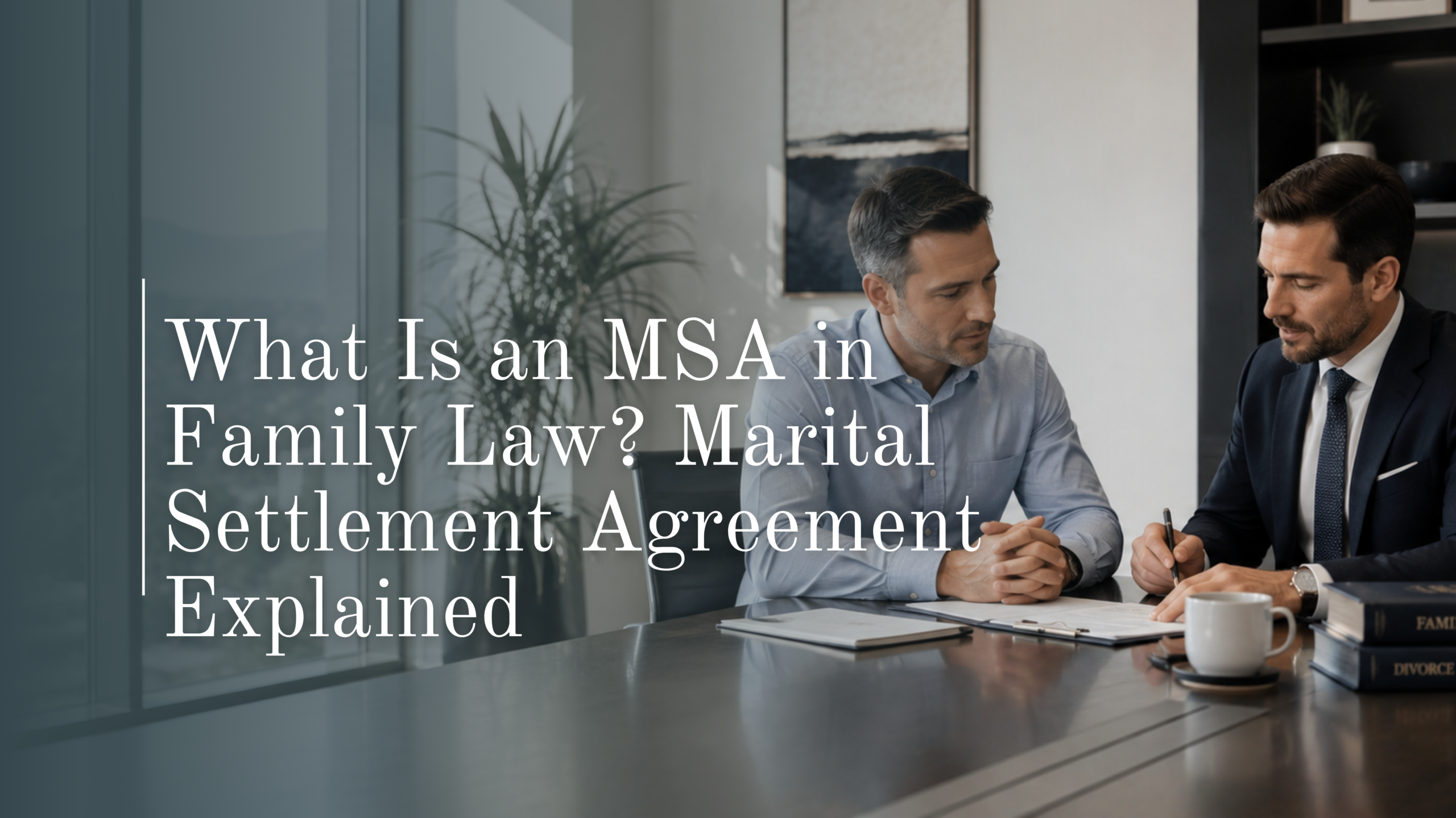 A male family law attorney explaining what an MSA is in family law to a client during a conference room consultation.