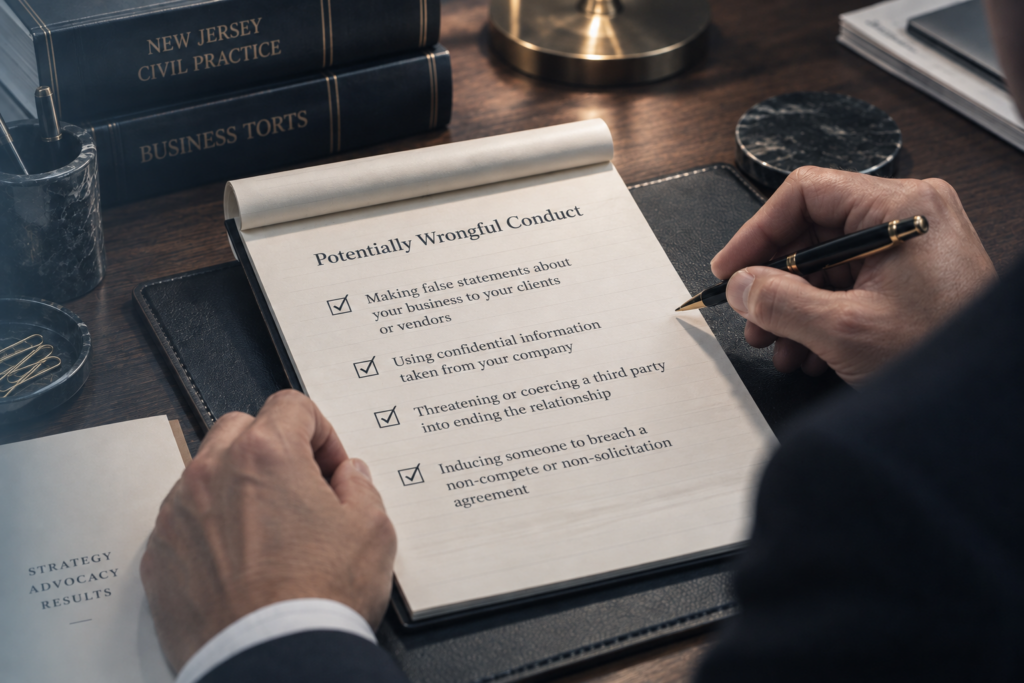 Close-up of an attorney reviewing a checklist on a legal pad outlining potentially wrongful business conduct.