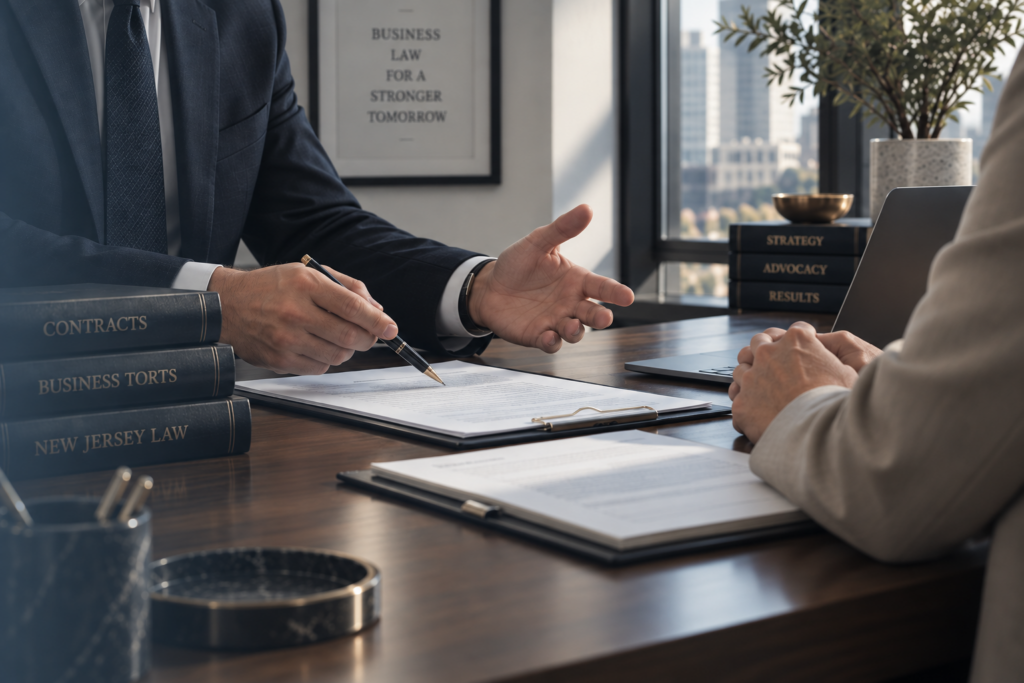 A business owner and lawyer discussing commercial contract terms during an initial legal consultation.