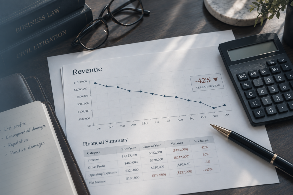 Revenue chart displaying a forty-two percent loss next to a calculator and notes on financial damages.
