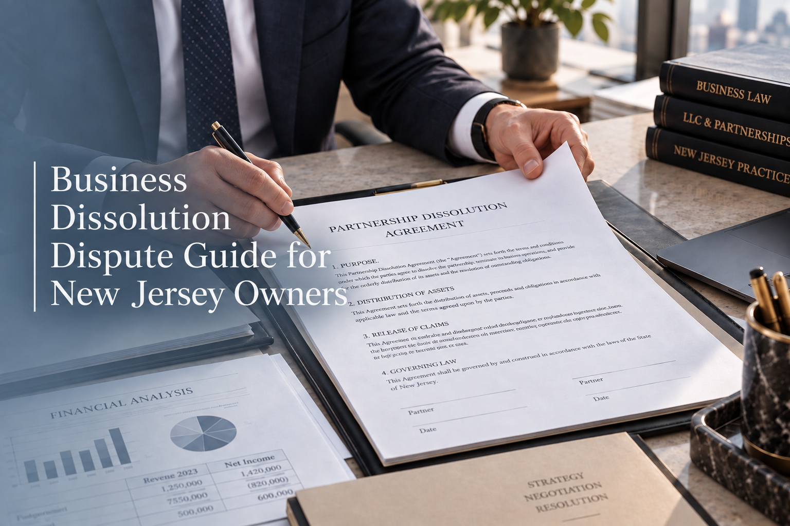 An attorney reviewing a partnership dissolution agreement alongside financial analysis charts and law books.