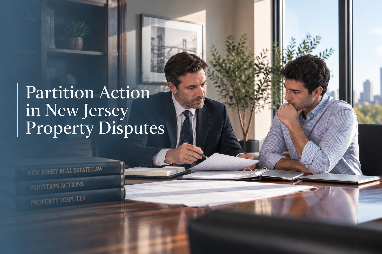 An attorney and client reviewing property deeds, mortgage receipts, and partition court filings at a law office desk.