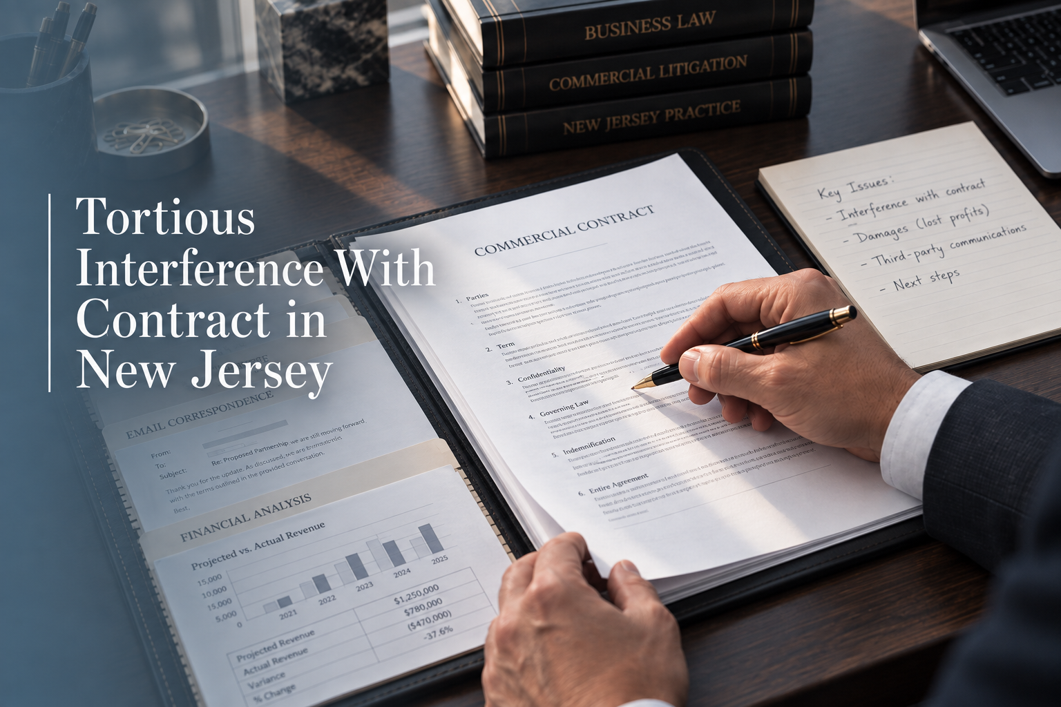 Attorney reviewing a commercial contract, email correspondence, and financial analysis documents inside an organized legal folder.