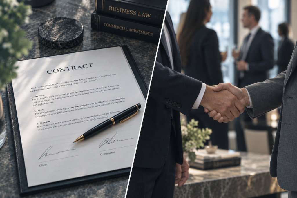Split view showing a signed commercial agreement next to professionals shaking hands at a business networking event.