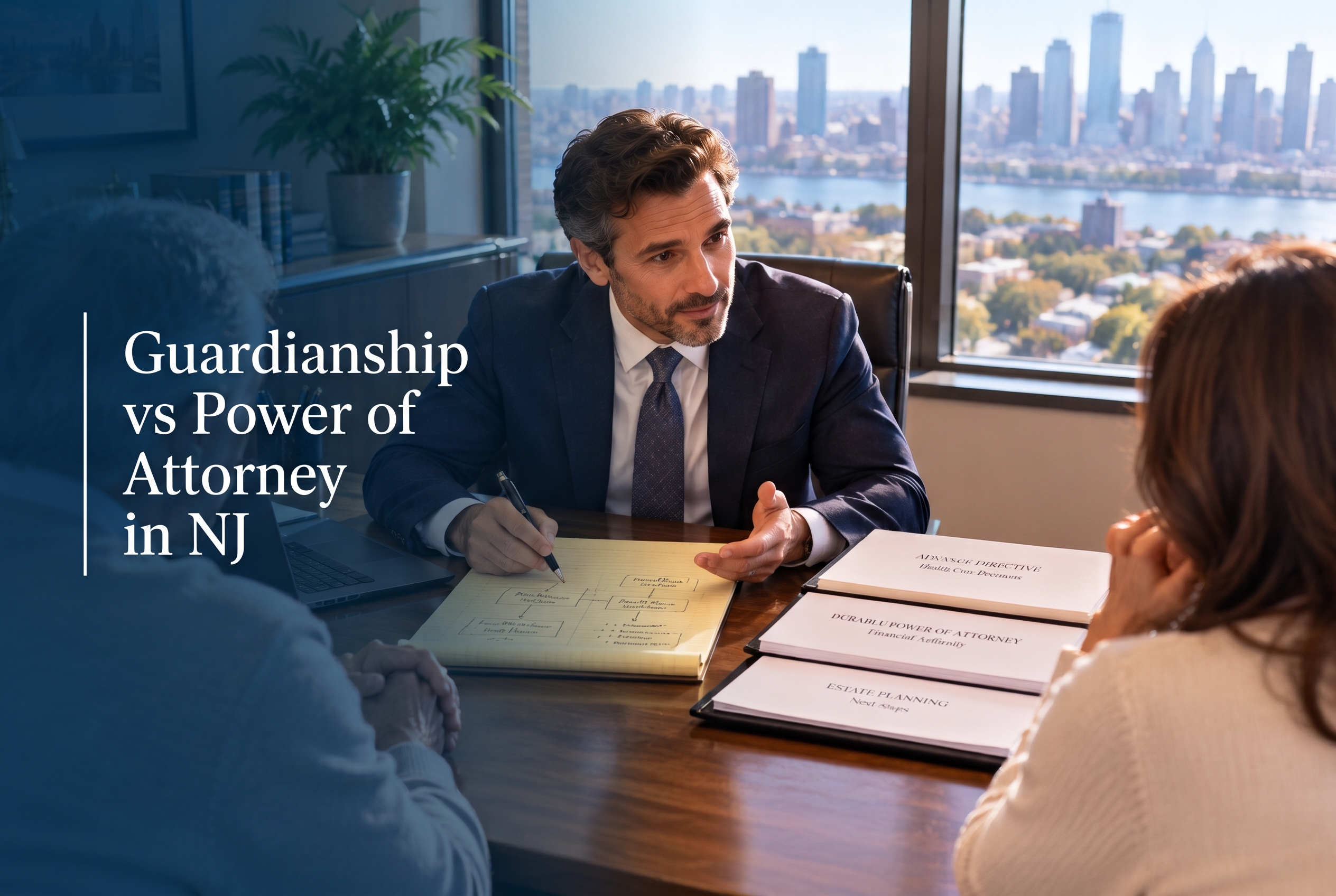 An empathetic family law attorney collaborating with a family across a desk to map out legal decision-making options in New Jersey.